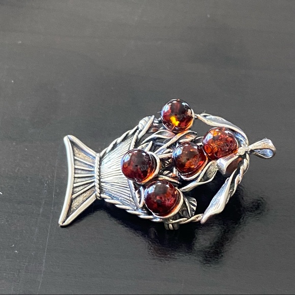 Vintage Sterling Silver Amber Miniature Fruit Basket Pin Brooch Pendant - Picture 6 of 12
